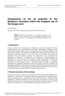 Perspectives of the Oil Potential of the Bazhenov Formation Within the Kogalym Top of the Surgut Arch