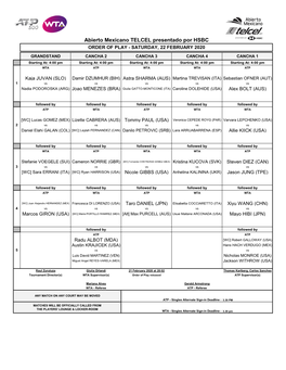 Abierto Mexicano TELCEL Presentado Por HSBC ORDER of PLAY - SATURDAY, 22 FEBRUARY 2020