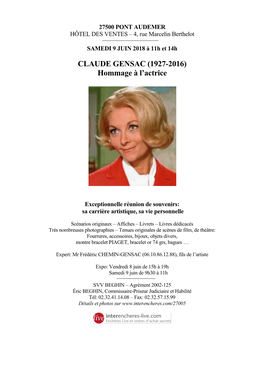 CLAUDE GENSAC (1927-2016) Hommage À L'actrice