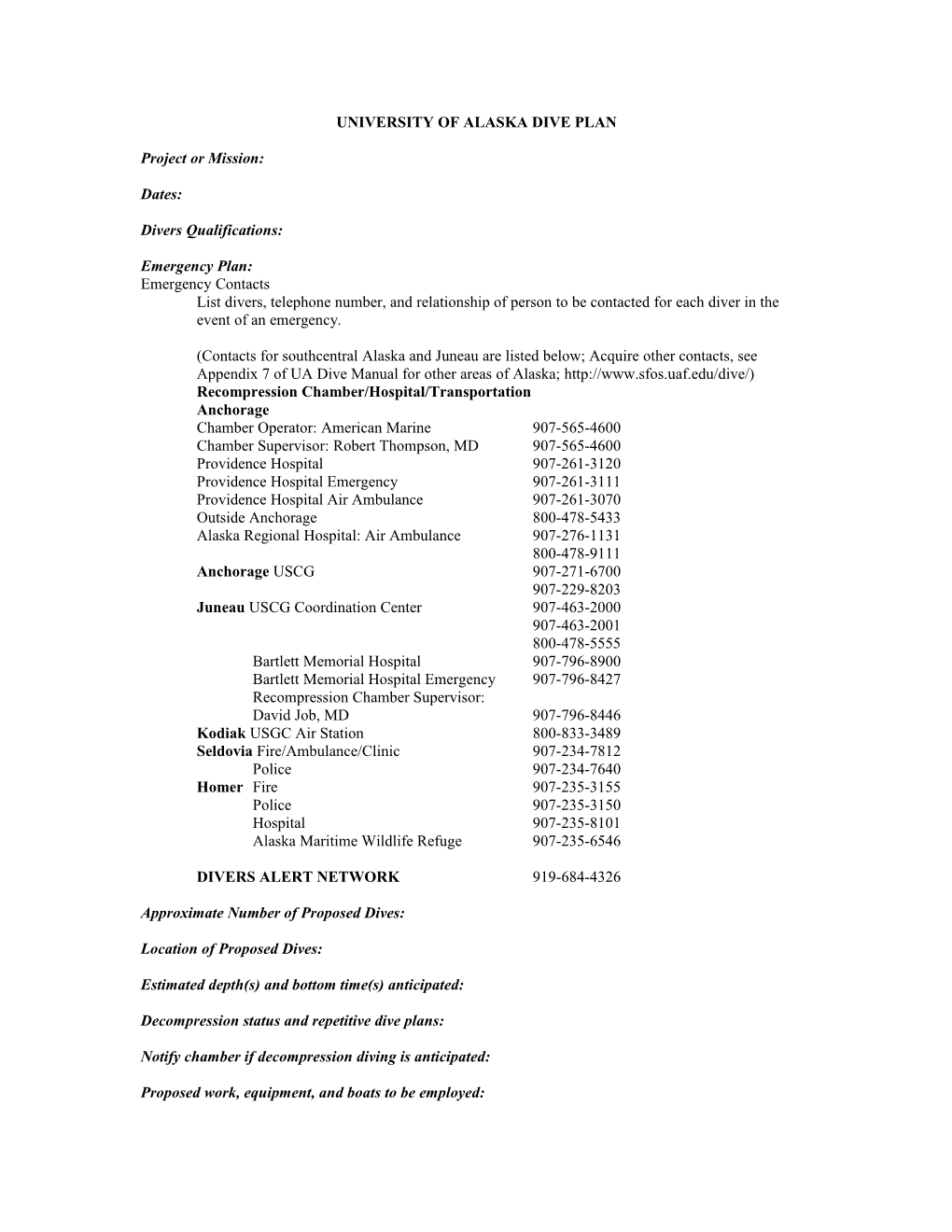 University of Alaska Dive Plan