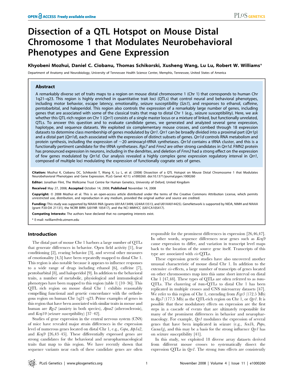 Dissection of a QTL Hotspot on Mouse Distal Chromosome 1 That Modulates Neurobehavioral Phenotypes and Gene Expression