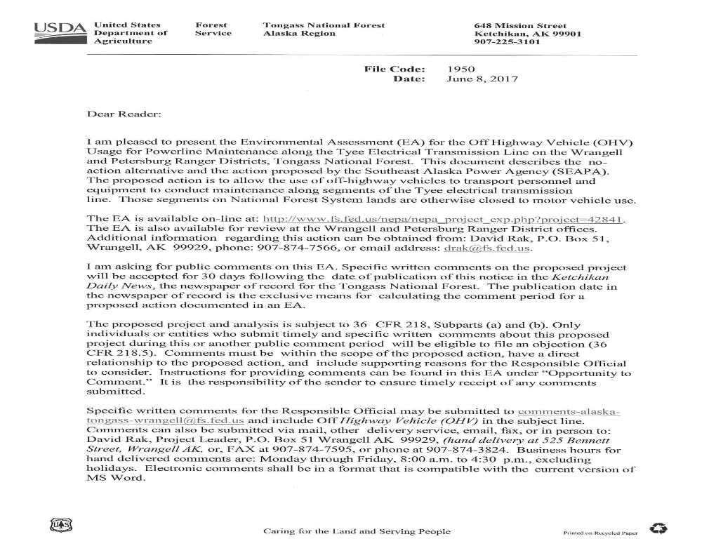 OHV Use for Maintenance Along the Tyee Electrical Transmission Line Environmental Assessment