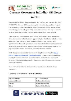 Current Governors in India - GK Notes in PDF