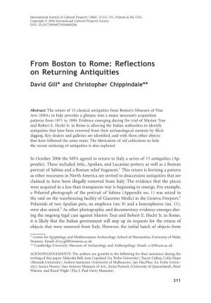 From Boston to Rome: Reflections on Returning Antiquities David Gill* and Christopher Chippindale**
