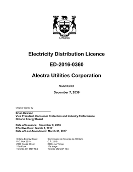 Electricity Distribution Licence ED-2016-0360 Alectra Utilities