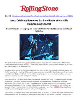 Lanco Celebrate Romance, Bar Band Roots at Nashville Homecoming Concert