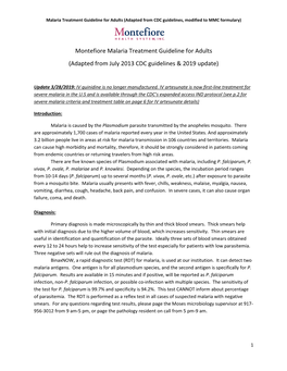 Montefiore Malaria Treatment Guideline for Adults (Adapted from July 2013 CDC Guidelines & 2019 Update)
