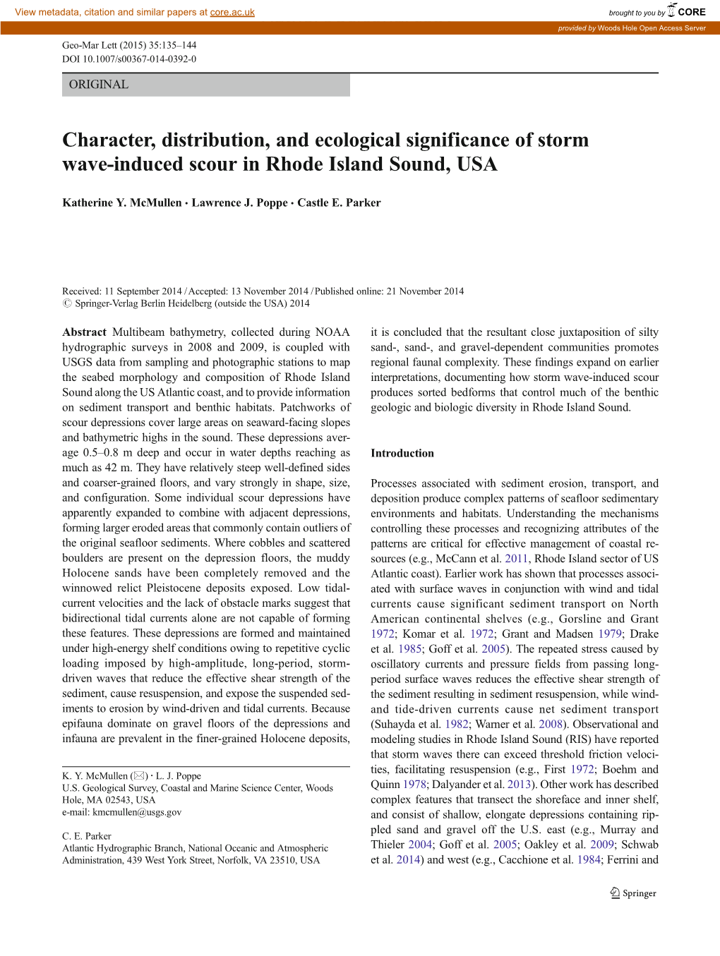 Character, Distribution, and Ecological Significance of Storm Wave-Induced Scour in Rhode Island Sound, USA