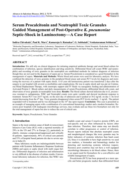 Serum Procalcitonin and Neutrophil Toxic Granules Guided Management of Post-Operative K. Pneumoniae Septic-Shock in Laminectomy—A Case Report