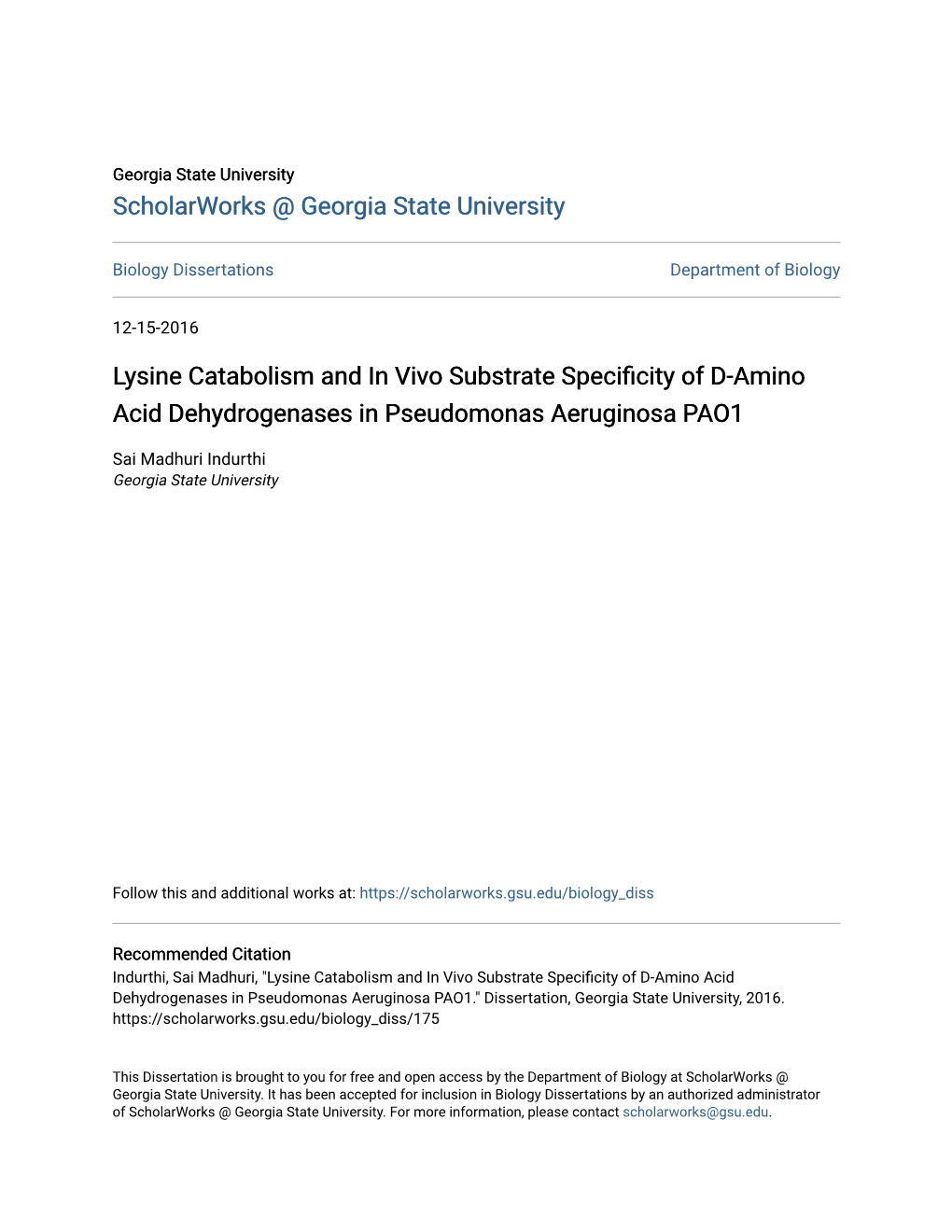 Lysine Catabolism and in Vivo Substrate Specificity of D-Amino Acid Dehydrogenases in Pseudomonas Aeruginosa PAO1