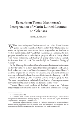 Remarks on Tuomo Mannermaa's Interpretation of Martin Luther's