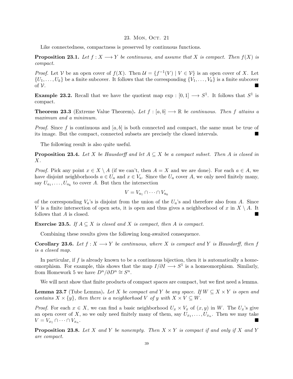 23. Mon, Oct. 21 Like Connectedness, Compactness Is Preserved by Continuous Functions