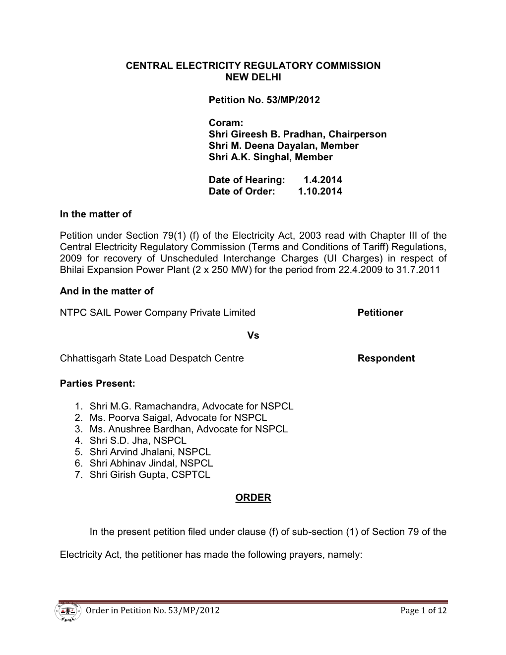 Central Electricity Regulatory Commission New Delhi