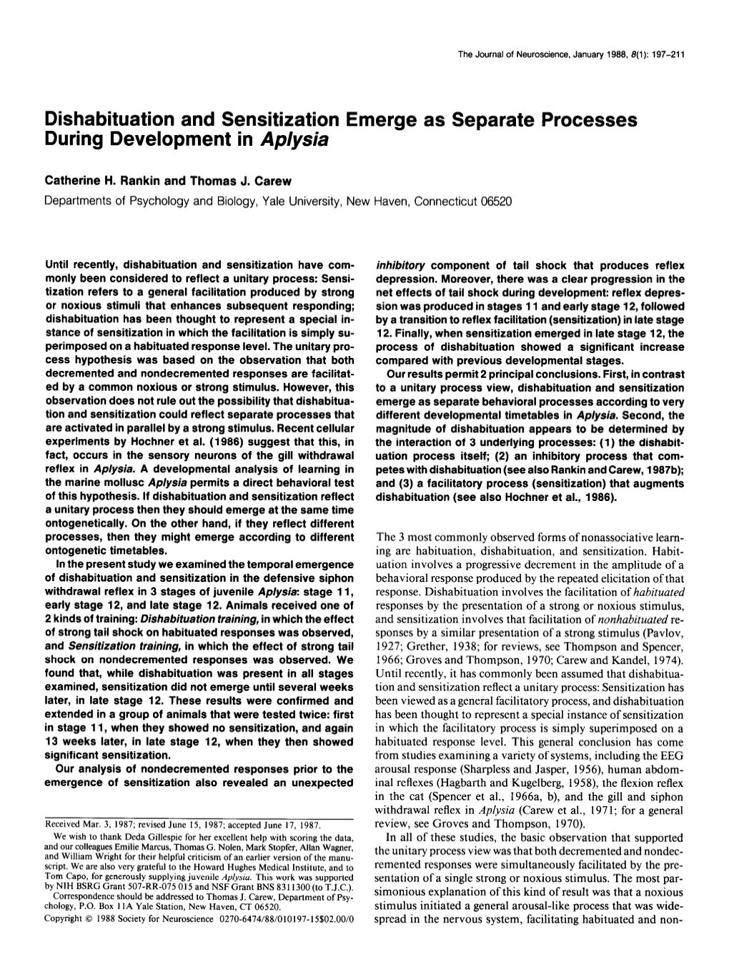 Dishabituation and Sensitization Emerge As Separate Processes During Development in Ap/Ysia