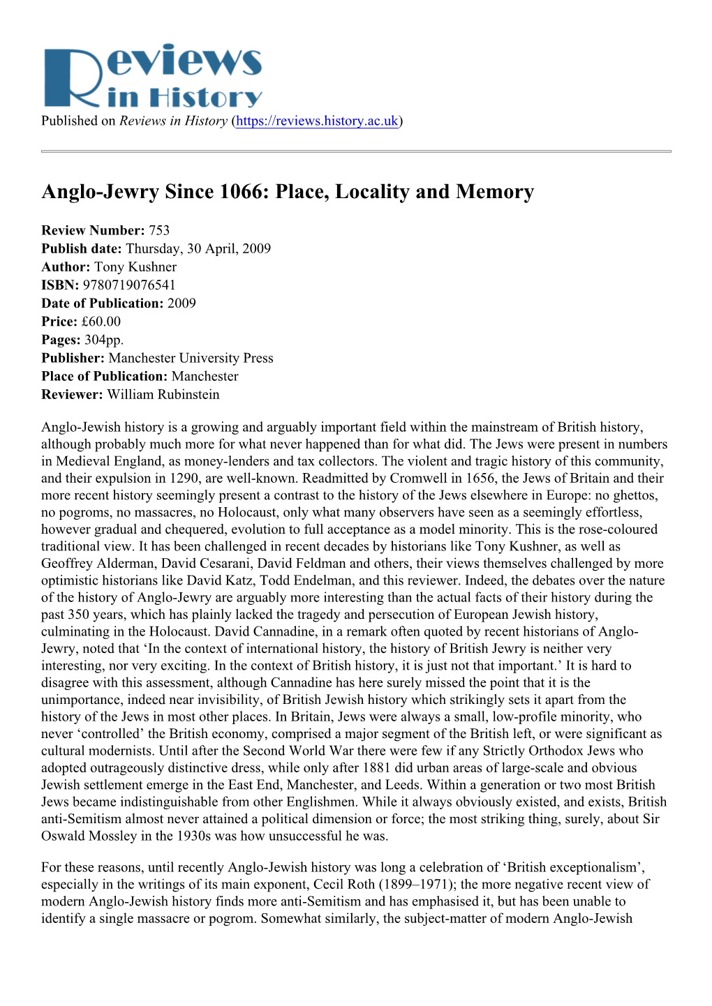 Anglo-Jewry Since 1066: Place, Locality and Memory