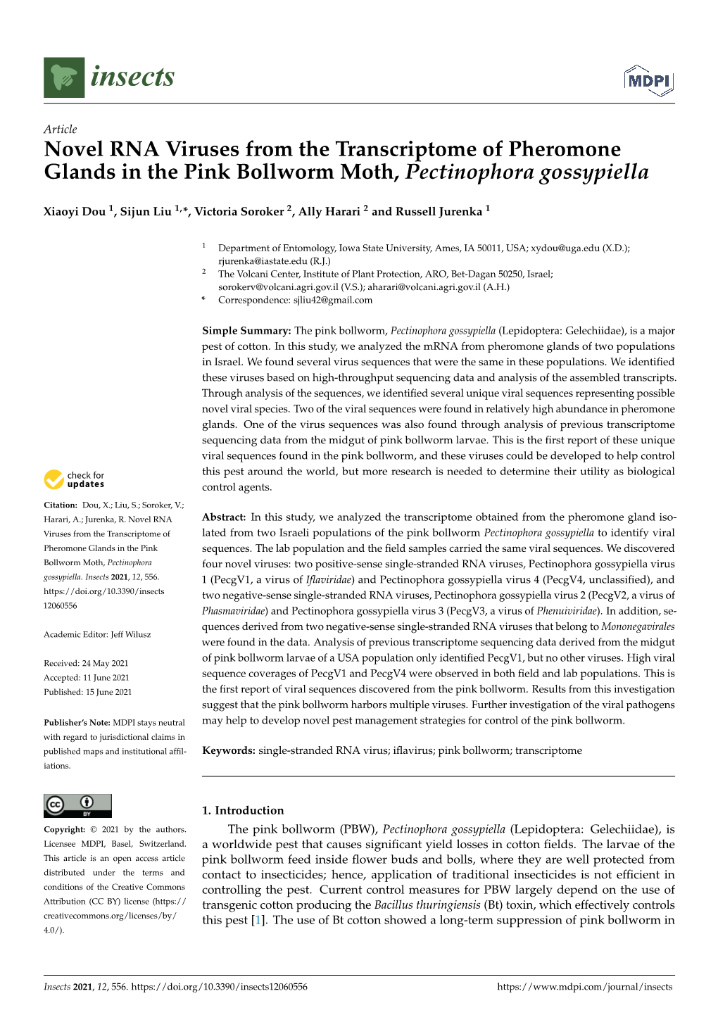 Novel RNA Viruses from the Transcriptome of Pheromone Glands in the Pink Bollworm Moth, Pectinophora Gossypiella