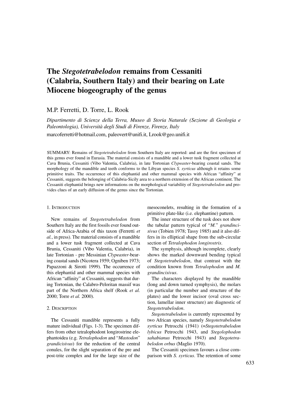 The Stegotetrabelodon Remains from Cessaniti (Calabria, Southern Italy) and Their Bearing on Late Miocene Biogeography of the Genus