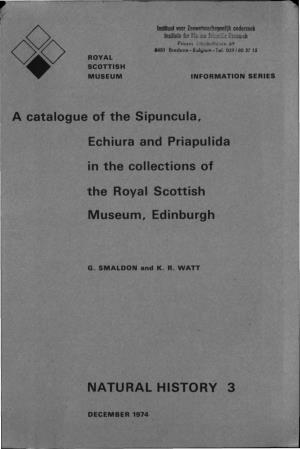 A Catalogue of the Sipuncula, Echiura and Priapulida in the Collections Of
