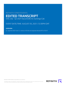VIAC.OQ - Q2 2021 Viacomcbs Inc Earnings Call