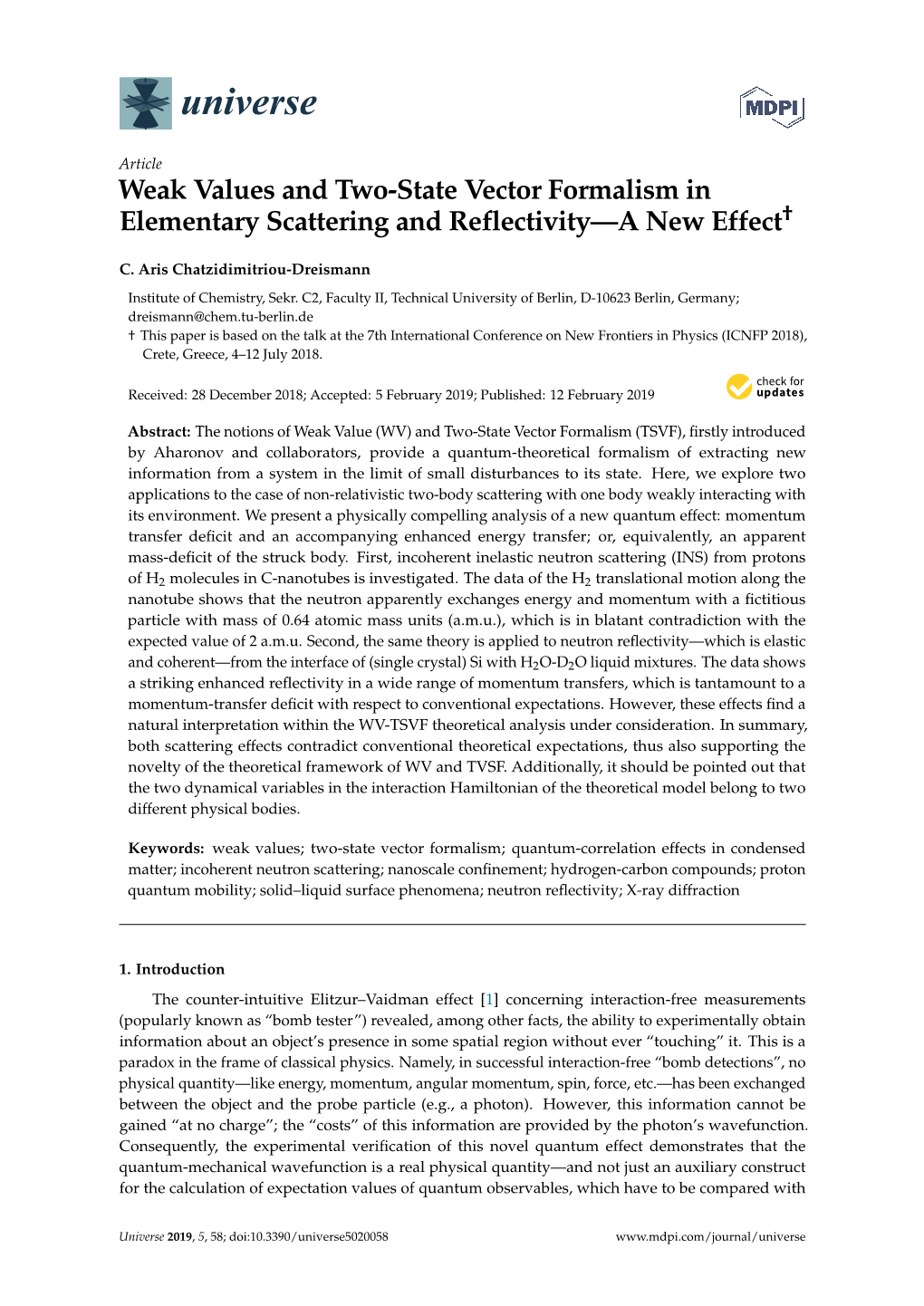 Weak Values and Two-State Vector Formalism in Elementary Scattering and Reflectivity—A New Effect†