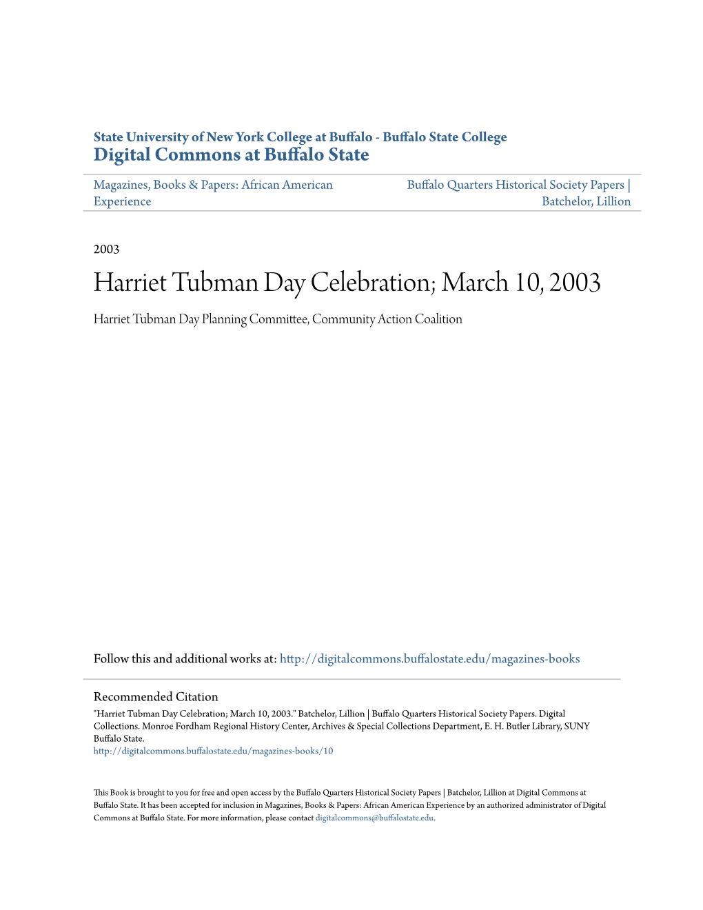 Harriet Tubman Day Celebration; March 10, 2003 Harriet Tubman Day Planning Committee, Community Action Coalition