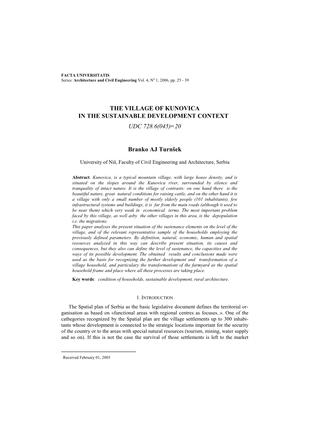 The Village of Kunovica in the Sustainable Development Context Udc 728.6(045)=20