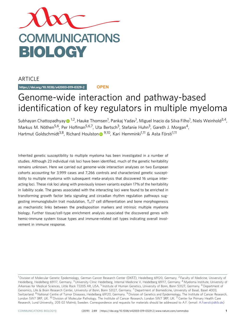 Genome-Wide Interaction and Pathway-Based Identification of Key Regulators in Multiple Myeloma