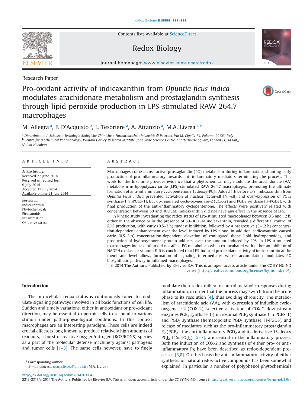 Pro-Oxidant Activity of Indicaxanthin from Opuntia Ficus Indica Modulates Arachidonate Metabolism and Prostaglandin Synthesis Th