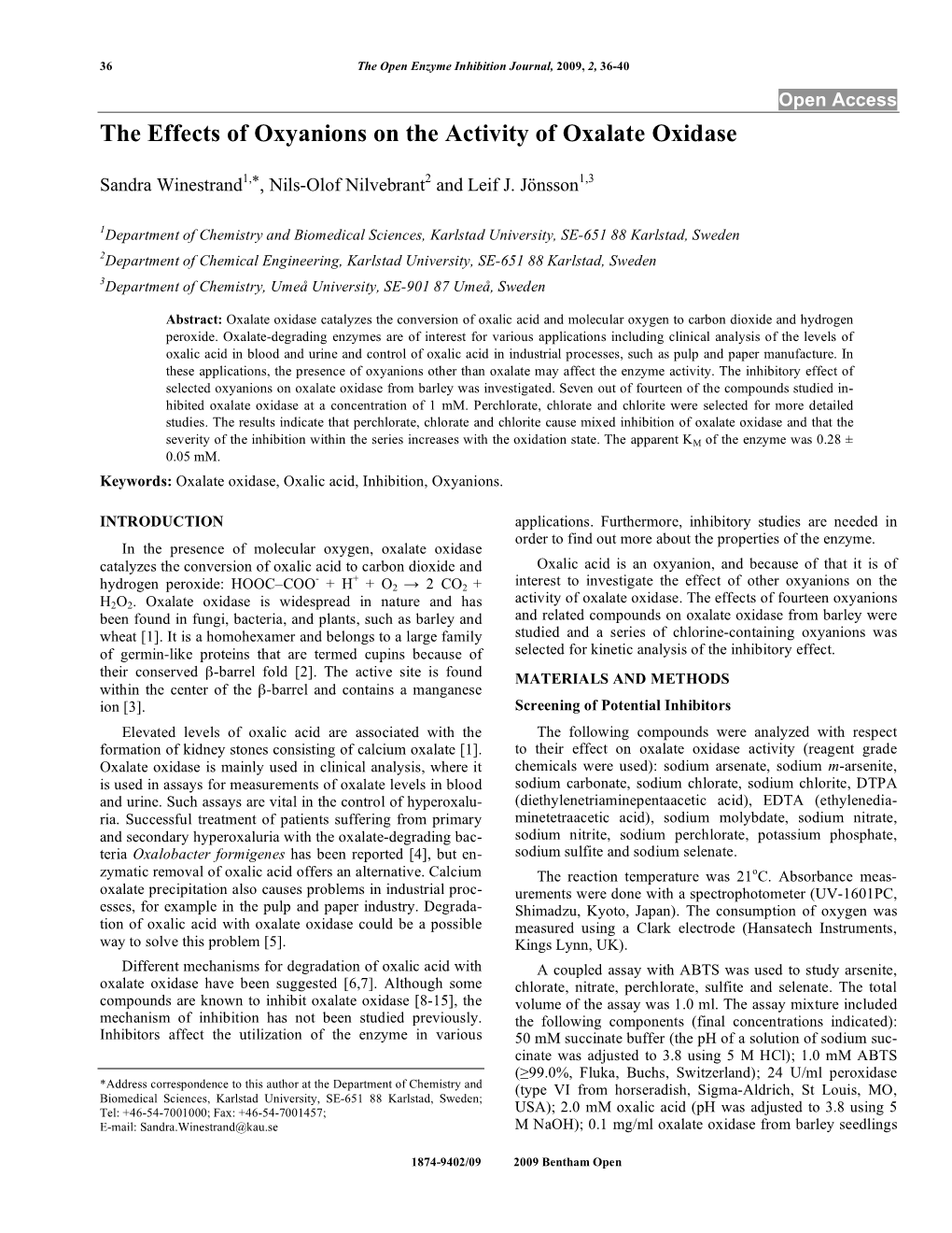 The Effects of Oxyanions on the Activity of Oxalate Oxidase