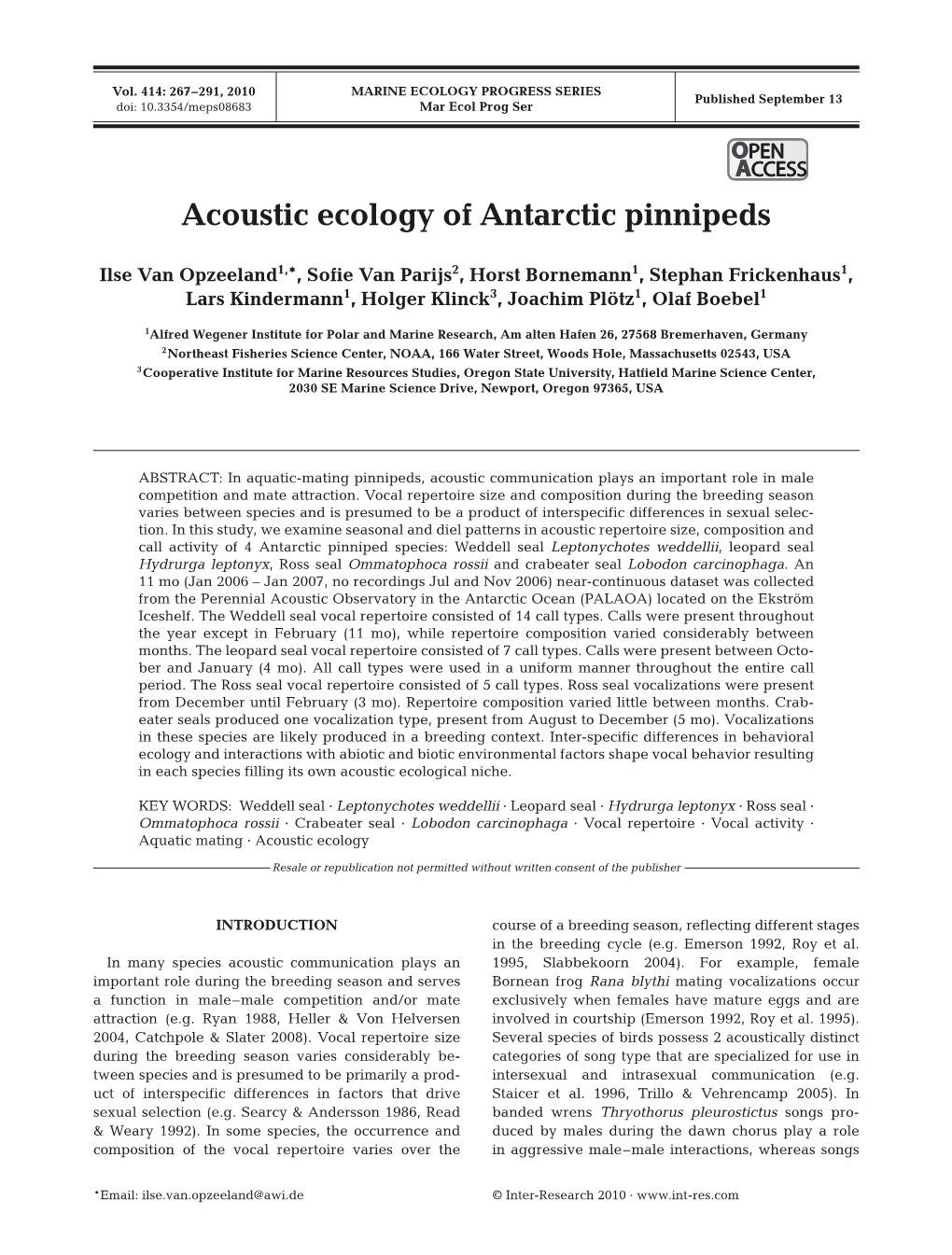 Acoustic Ecology of Antarctic Pinnipeds