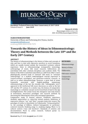 Towards the History of Ideas in Ethnomusicology: Theory and Methods Between the Late 18Th and the Early 20Th Century