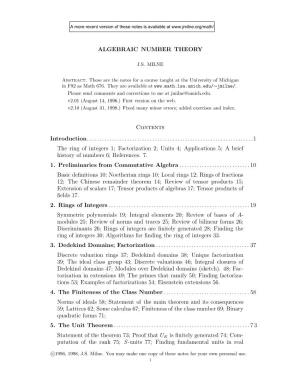 ALGEBRAIC NUMBER THEORY Contents Introduction
