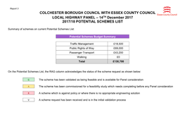 COLCHESTER BOROUGH COUNCIL with ESSEX COUNTY COUNCIL LOCAL HIGHWAY PANEL – 14TH December 2017 2017/18 POTENTIAL SCHEMES LIST