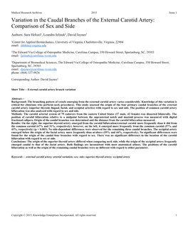 Variation in the Caudal Branches of the External Carotid Artery: Comparison of Sex and Side