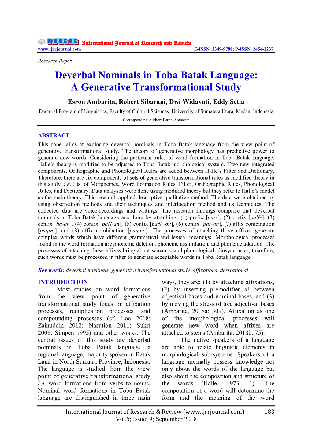 Deverbal Nominals in Toba Batak Language: a Generative Transformational Study