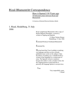 Rizal-Blumentritt Correspondence How It Started 110 Years Ago 50 Selected Letters Between Rizal and Blumentritt