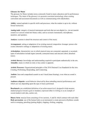Glossary for Music the Glossary for Music Includes Terms Commonly Found in Music Education and for Performance Techniques