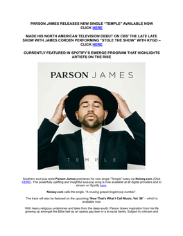 Parson James Releases New Single “Temple” Today