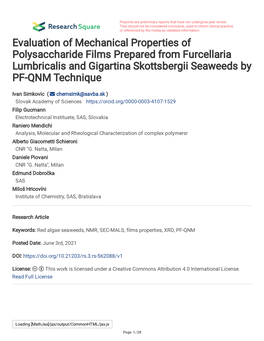 Evaluation of Mechanical Properties of Polysaccharide Films Prepared from Furcellaria Lumbricalis and Gigartina Skottsbergii Seaweeds by PF-QNM Technique
