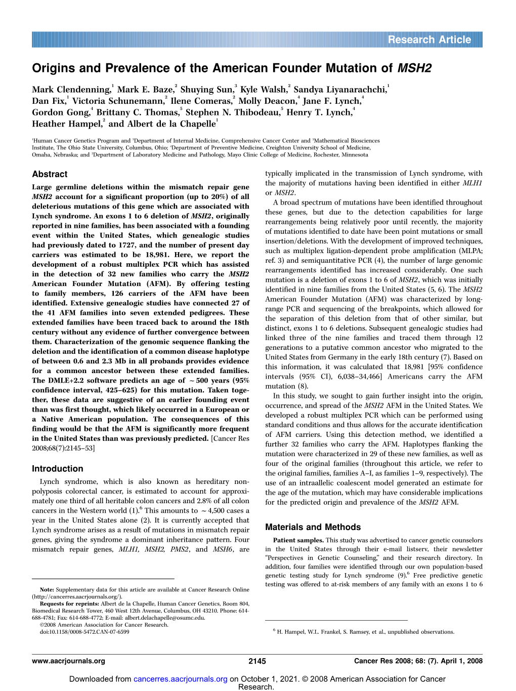 Origins and Prevalence of the American Founder Mutation of MSH2