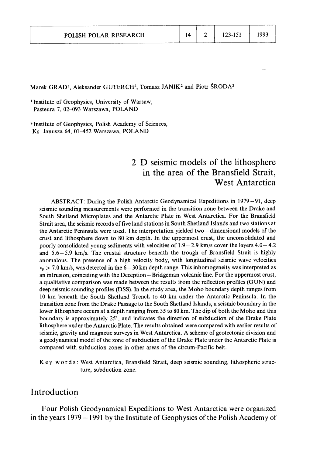 2-D Seismic Models of the Lithosphere in the Area of the Bransfield Strait, West Antarctica