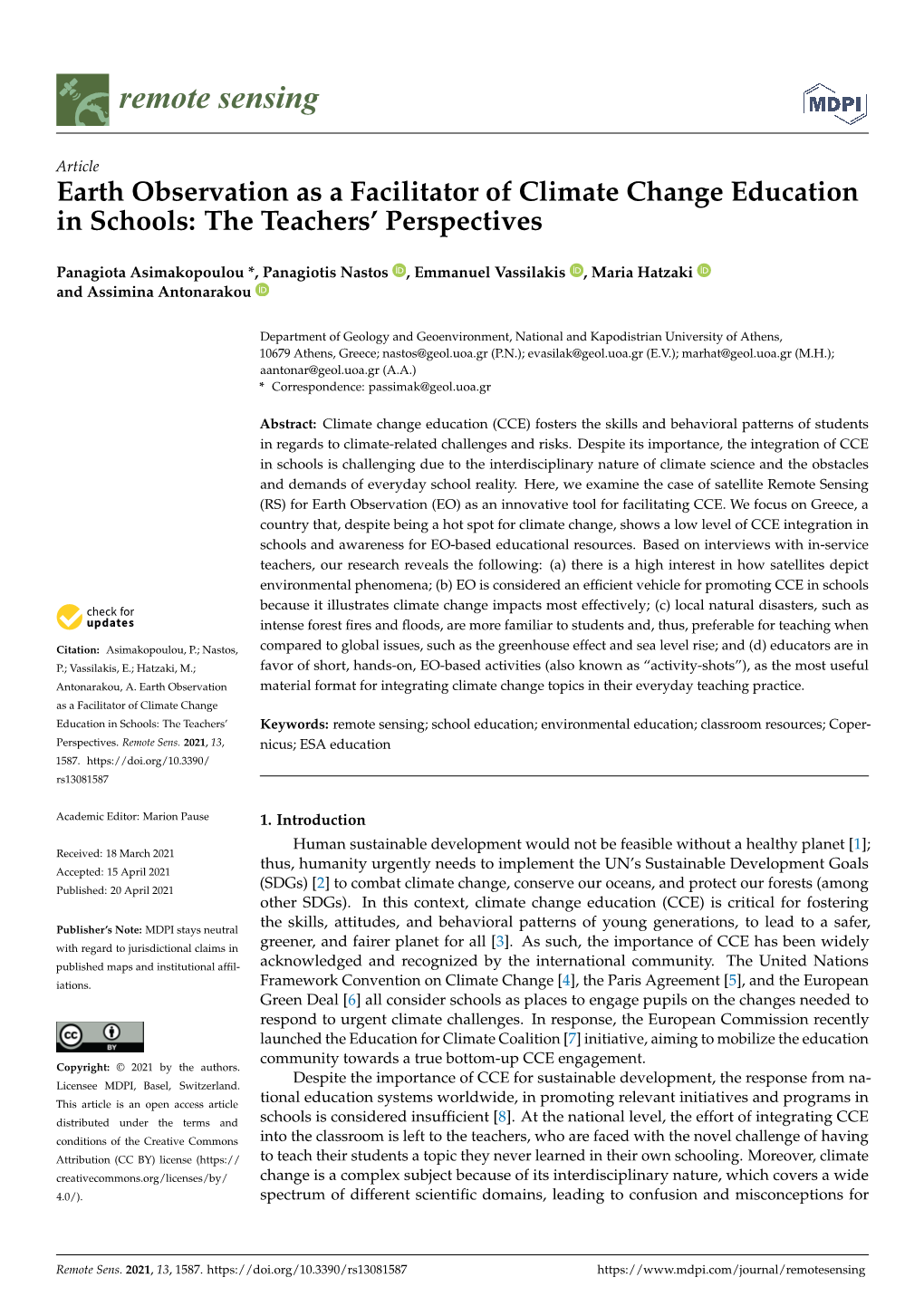 Earth Observation As a Facilitator of Climate Change Education in Schools: the Teachers’ Perspectives