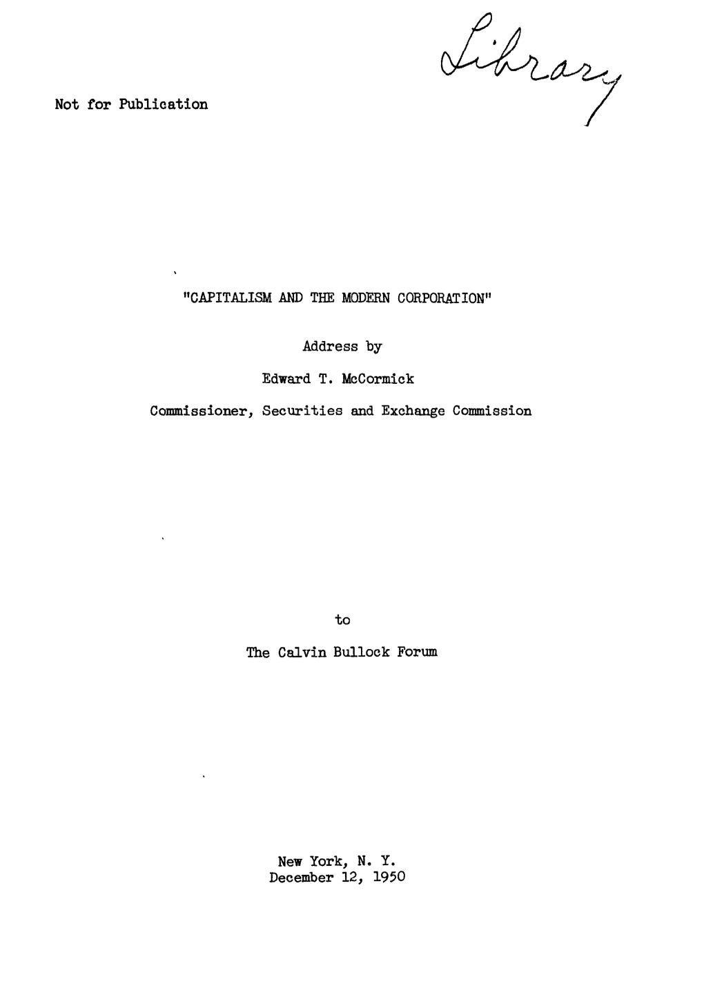 Speech: Capitalism and the Modern Corporation, December 12, 1950