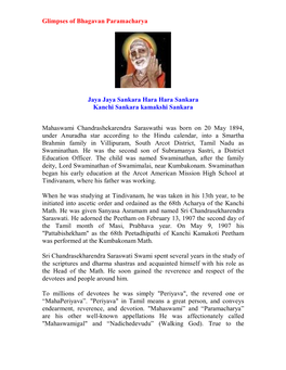 Glimpses of Bhagavan Paramacharya Jaya Jaya Sankara Hara Hara