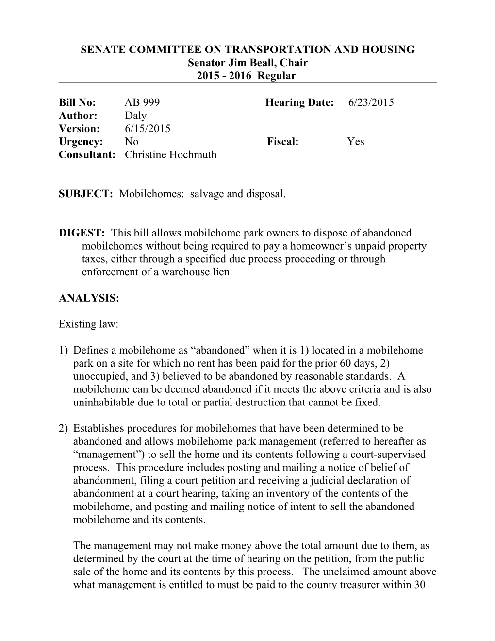 Senate Committee on Transportation and Housing