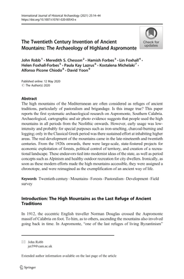 The Twentieth Century Invention of Ancient Mountains: the Archaeology of Highland Aspromonte