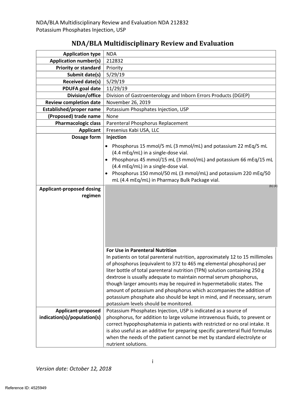 NDA/BLA Multidisciplinary Review and Evaluation NDA 212832 Potassium Phosphates Injection, USP