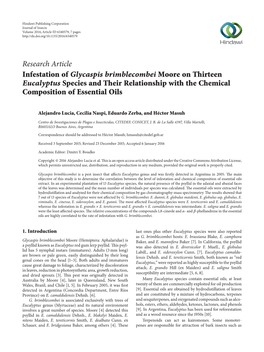 Research Article Infestation of Glycaspis Brimblecombei Moore on Thirteen Eucalyptus Species and Their Relationship with the Chemical Composition of Essential Oils