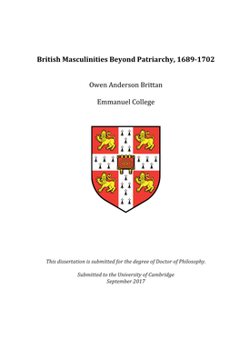 British Masculinities Beyond Patriarchy, 1689-1702 Owen Anderson Brittan Emmanuel College