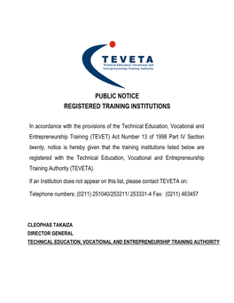 Public Notice Registered Training Institutions